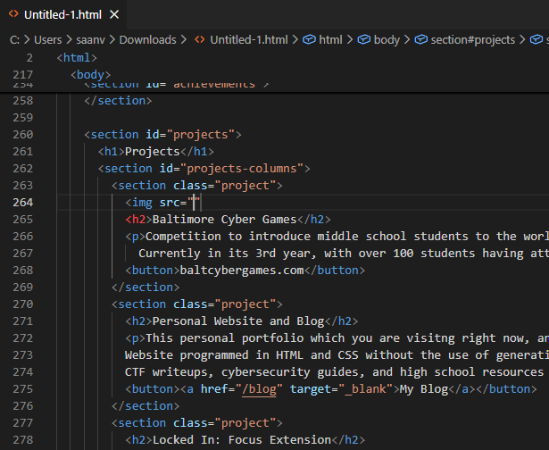 A screenshot of VS Code where I was editing my site